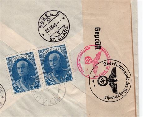 Iran 1940 German Censor Pair Registered Label Swiss